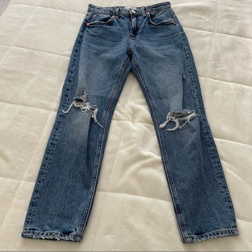 Zara Straight Leg High Rise Ripped Jeans